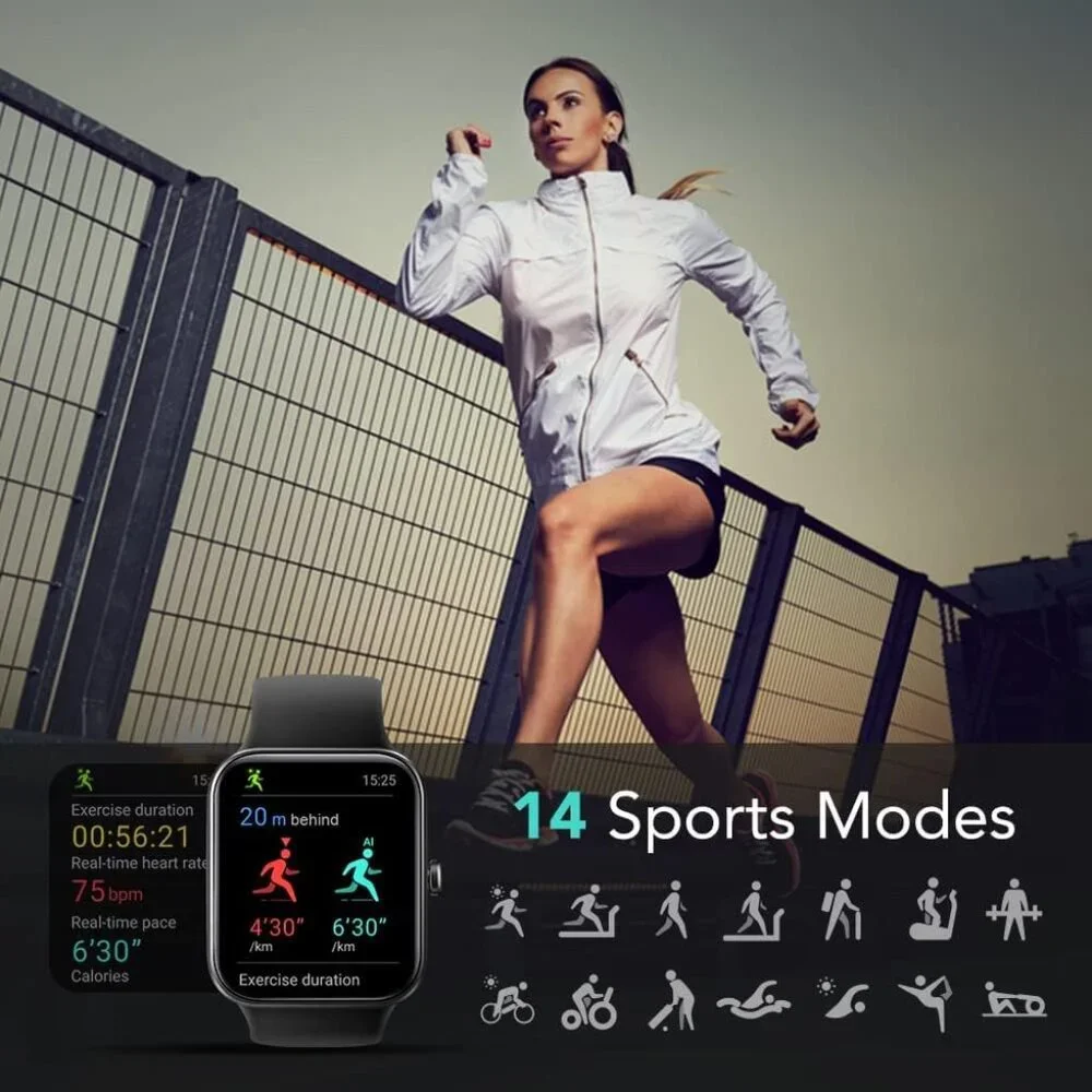 SKG V7 Smart Watch Fitness Tracker 5ATM Waterproof 1.7 in Touch Screen Black